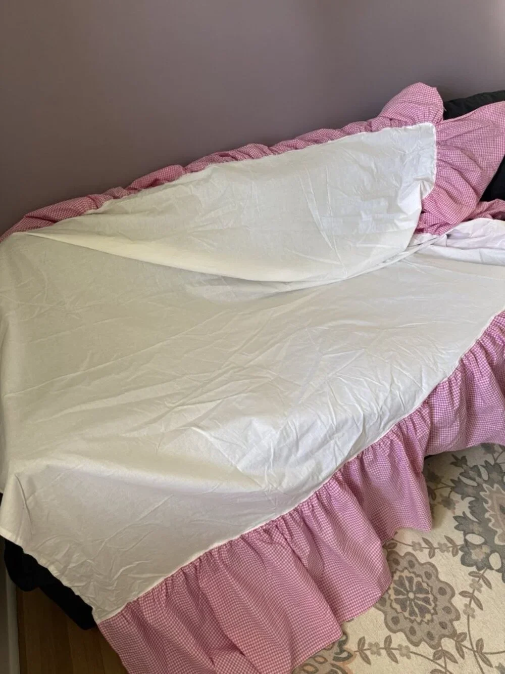 Pottery Barn Kids Pink Full Deux Places Cotton Gingham Ruffle Bed Skirt Farmhous